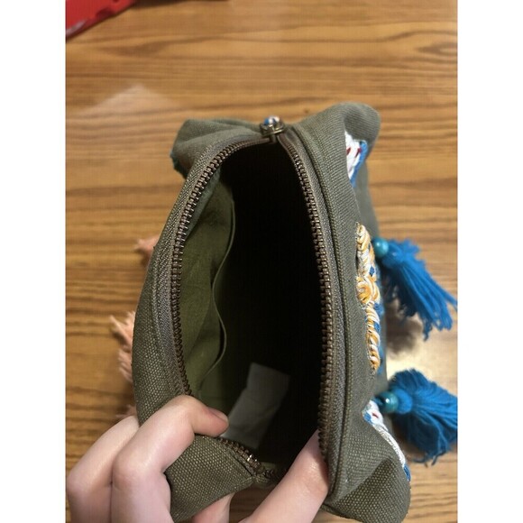 NEW Anthropologie Raj Cotton Canvas Embroidered Butterfly Tassels Green Zip - Picture 4 of 9